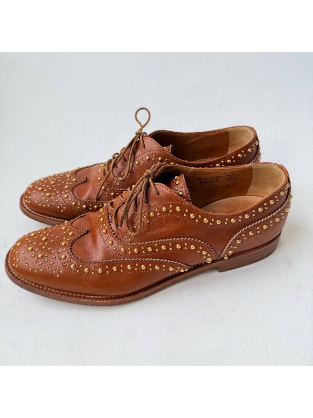 Church's Burwood Met Women 38.5 Brown Leather Gold Studded Wingtip Oxford Shoes*
